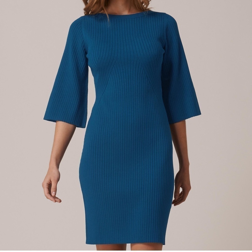 LK Bennett Teal Blue Ribbed Tonya Bell Sleeve Knit Dress Size XS